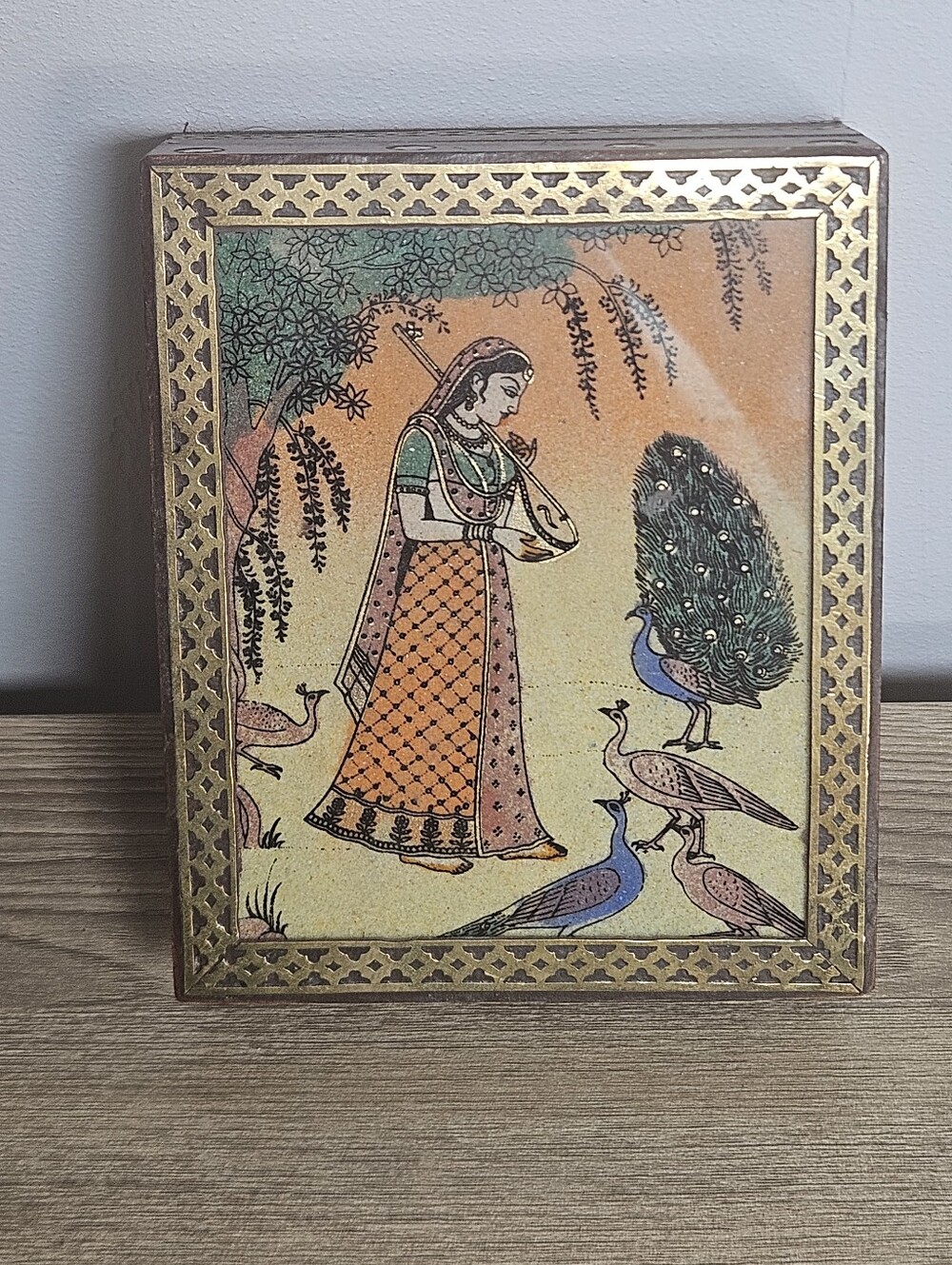 Indian Gemstone Painting Wooden Trinket Jewelry Box Peacock Musician 5x4.5